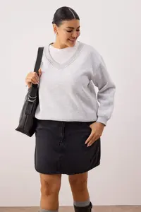 Trendyol Curve Kar Melange V-neck Basic Plus Size Sweatshirt with Fleece Inside