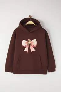 Trendyol Curve Brown Bow & Teddy Bear Printed Oversized Plus Size Sweatshirt with Fleece Inside - Image 6