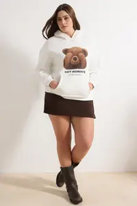 Trendyol Curve Ecru Teddy Bear Printed Oversized Plus Size Sweatshirt