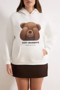 Trendyol Curve Ecru Teddy Bear Printed Oversized Plus Size Sweatshirt - Image 3