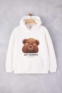 Trendyol Curve Ecru Teddy Bear Printed Oversized Plus Size Sweatshirt - Image 5