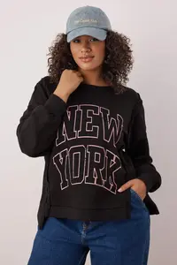 Trendyol Curve Black Eyalet Printed Oversized/Bol Cut Plus Size Sweasthirt