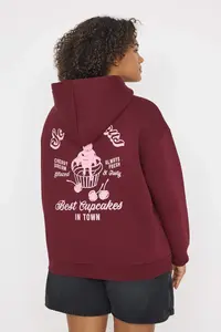 Trendyol Curve Burgundy Back Printed Oversized/Wide Pattern Inside Fleece Plus Size Sweatshirt
