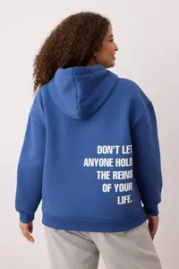 Trendyol Curve Mavi Hooded Back Slogan Printed Knitting Plus Size Sweatshirt