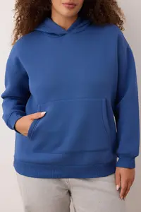 Trendyol Curve Mavi Hooded Back Slogan Printed Knitting Plus Size Sweatshirt - Image 4