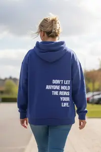 Trendyol Curve Mavi Hooded Back Slogan Printed Knitting Plus Size Sweatshirt - Image 5