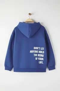 Trendyol Curve Mavi Hooded Back Slogan Printed Knitting Plus Size Sweatshirt - Image 6