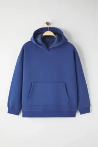 Trendyol Curve Mavi Hooded Back Slogan Printed Knitting Plus Size Sweatshirt - Image 7