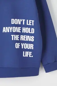 Trendyol Curve Mavi Hooded Back Slogan Printed Knitting Plus Size Sweatshirt - Image 8