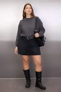 Trendyol Curve Anthracite Crew Neck Cut Out Detailed Knitting Plus Size Sweatshirt