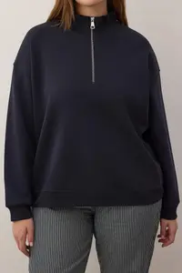 Trendyol Curve Navy Blue Collar Zippered Regular Plus Size Sweatshirt - Image 3