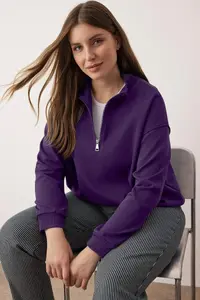Trendyol Curve Plum Collar Zippered Regular Plus Size Sweatshirt