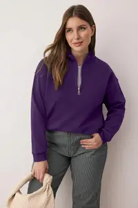 Trendyol Curve Plum Collar Zippered Regular Plus Size Sweatshirt - Image 3