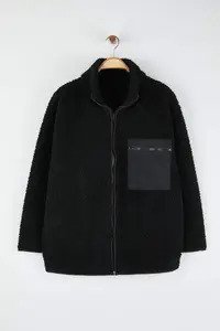 Trendyol Curve Winter Essentials Black Thick Fleece Zippered Dog collar with pocket Knitting Sweatshirt - Image 8