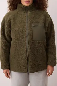 Trendyol Curve Winter Essentials Khaki Thick Fleece Zippered Dog collar with pocket Knitting Sweatshirt - Image 4