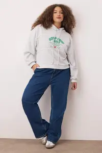 Trendyol Curve Gray Melange Hooded Puff Printed Wide Pattern Crop Size Knitting Plus Size Sweatshirt