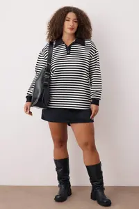 Trendyol Curve Black Striped Polo Shirt Collar Thick Oversized Knitting Plus Size Sweatshirt