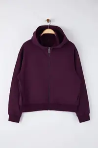 Trendyol Curve Purple Regular Fit Draped Material Front Zippered Plus Size Sweatshirt - Image 5