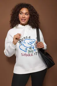 Trendyol Curve Ecru Printed Hooded Oversized/Wide Pattern Plus Size Sweatshirt