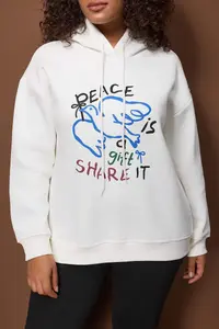 Trendyol Curve Ecru Printed Hooded Oversized/Wide Pattern Plus Size Sweatshirt - Image 3