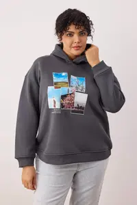 Trendyol Curve Anthracite Printed Hooded Oversized/Wide Pattern Plus Size Sweatshirt