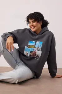Trendyol Curve Anthracite Printed Hooded Oversized/Wide Pattern Plus Size Sweatshirt - Image 2