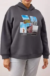 Trendyol Curve Anthracite Printed Hooded Oversized/Wide Pattern Plus Size Sweatshirt - Image 3
