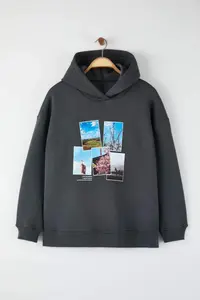 Trendyol Curve Anthracite Printed Hooded Oversized/Wide Pattern Plus Size Sweatshirt - Image 5