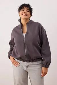 Trendyol Curve Anthracite Bomber Jacket Jacket Collar Oversized/Wide Pattern Front Zippered Plus Size Sweatshirt