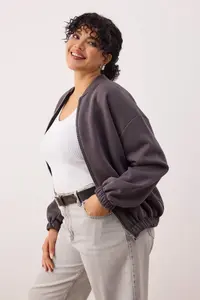 Trendyol Curve Anthracite Bomber Jacket Jacket Collar Oversized/Wide Pattern Front Zippered Plus Size Sweatshirt - Image 2