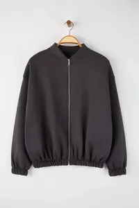 Trendyol Curve Anthracite Bomber Jacket Jacket Collar Oversized/Wide Pattern Front Zippered Plus Size Sweatshirt - Image 5