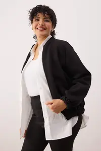 Trendyol Curve Black Bomber Jacket Jacket Collar Oversized/Wide Pattern Front Zippered Plus Size Sweatshirt