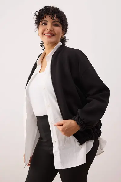 Trendyol Curve Black Bomber Jacket Jacket Collar Oversized/Wide Pattern Front Zippered Plus Size Sweatshirt