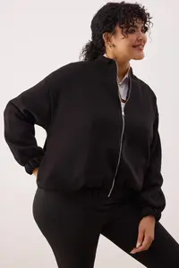 Trendyol Curve Black Bomber Jacket Jacket Collar Oversized/Wide Pattern Front Zippered Plus Size Sweatshirt - Image 2