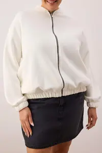 Trendyol Curve Ecru Bomber Jacket Jacket Collar Oversized/Wide Pattern Front Zippered Plus Size Sweatshirt - Image 3