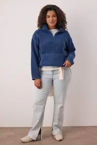 Trendyol Curve Indigo Piping Detailed Dog collar Plush Soft Plus Size Sweatshirt