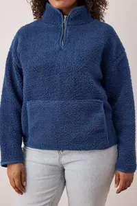 Trendyol Curve Indigo Piping Detailed Dog collar Plush Soft Plus Size Sweatshirt - Image 3