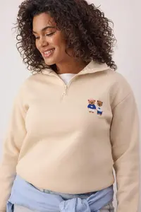 Trendyol Curve Stone Teddy Bear Embroidered Zippered Collar Plus Size Sweatshirt