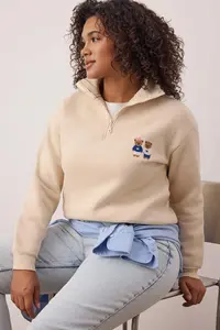 Trendyol Curve Stone Teddy Bear Embroidered Zippered Collar Plus Size Sweatshirt - Image 2