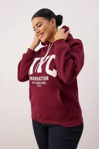 Trendyol Curve Burgundy College Themed Hooded Plus Size Sweatshirt - Image 2