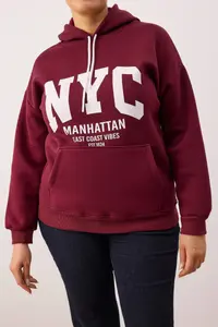 Trendyol Curve Burgundy College Themed Hooded Plus Size Sweatshirt - Image 3