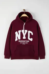 Trendyol Curve Burgundy College Themed Hooded Plus Size Sweatshirt - Image 5