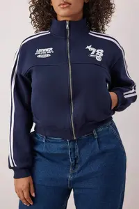 Trendyol Curve Navy Blue Crop Size College Themed Striped Front Zippered Plus Size Sweatshirt - Image 3