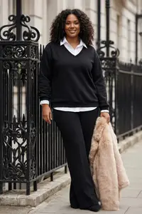 Trendyol Curve Black Collar Shirt Detailed Plus Size Sweatshirt