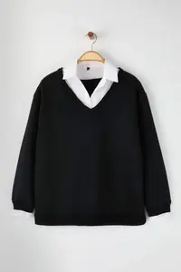 Trendyol Curve Black Collar Shirt Detailed Plus Size Sweatshirt - Image 2
