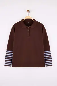 Trendyol Curve Brown Polo Shirt Collar Sleeves Striped Plus Size Sweatshirt