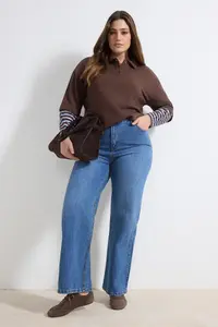 Trendyol Curve Brown Polo Shirt Collar Sleeves Striped Plus Size Sweatshirt - Image 2