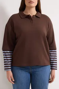 Trendyol Curve Brown Polo Shirt Collar Sleeves Striped Plus Size Sweatshirt - Image 3