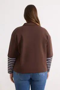 Trendyol Curve Brown Polo Shirt Collar Sleeves Striped Plus Size Sweatshirt - Image 4