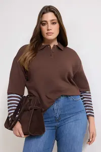 Trendyol Curve Brown Polo Shirt Collar Sleeves Striped Plus Size Sweatshirt - Image 5